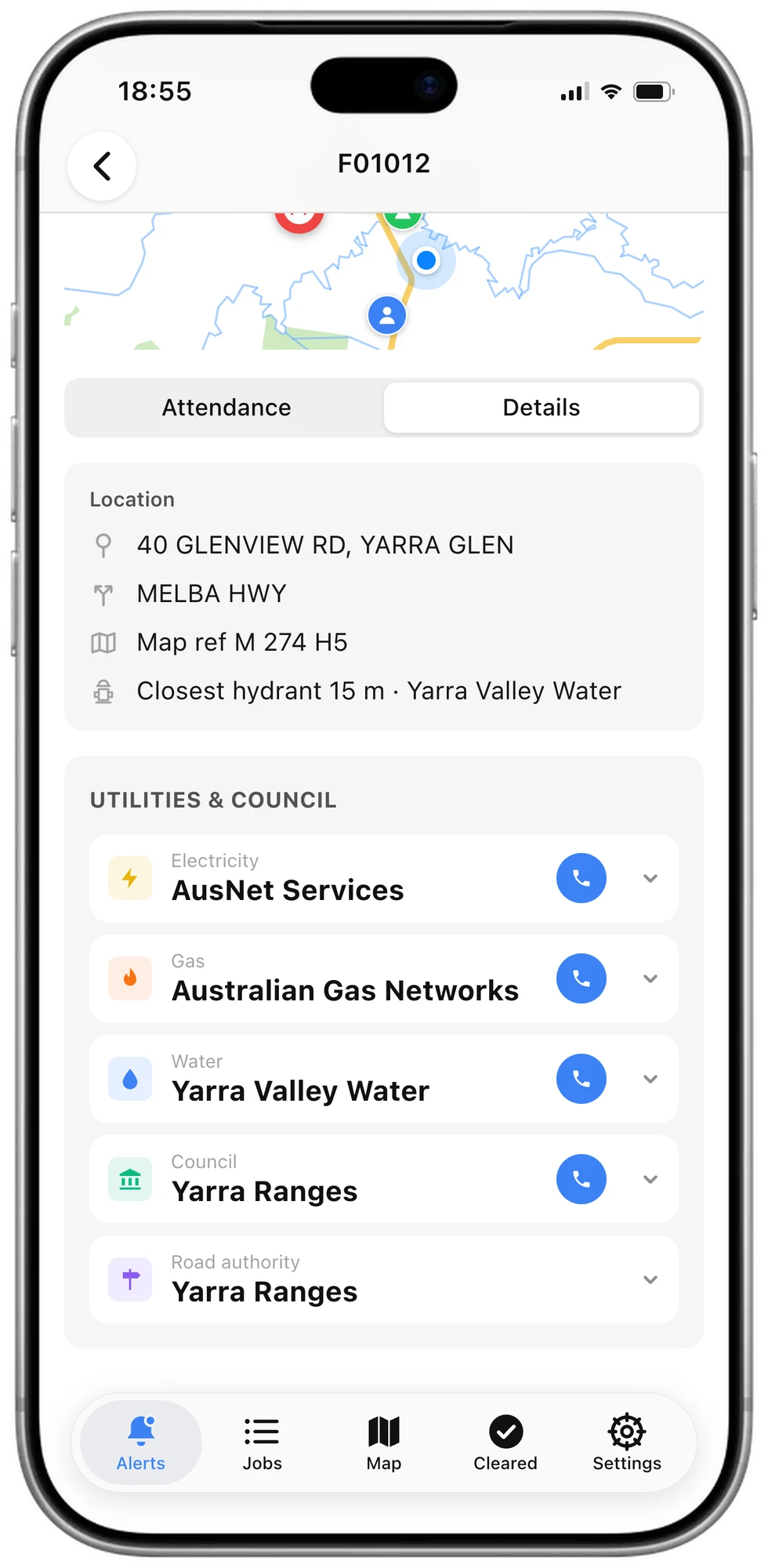 Utilities and council listed for the incident's address
