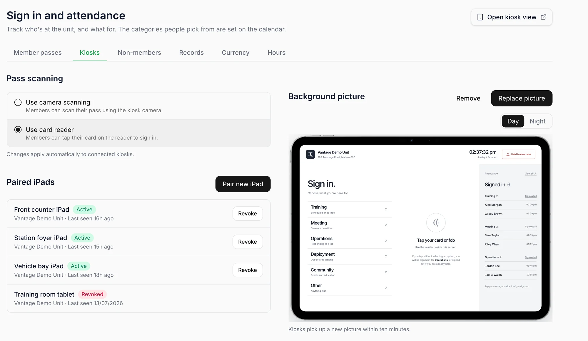 Kiosk settings with paired iPads and a preview of the screen