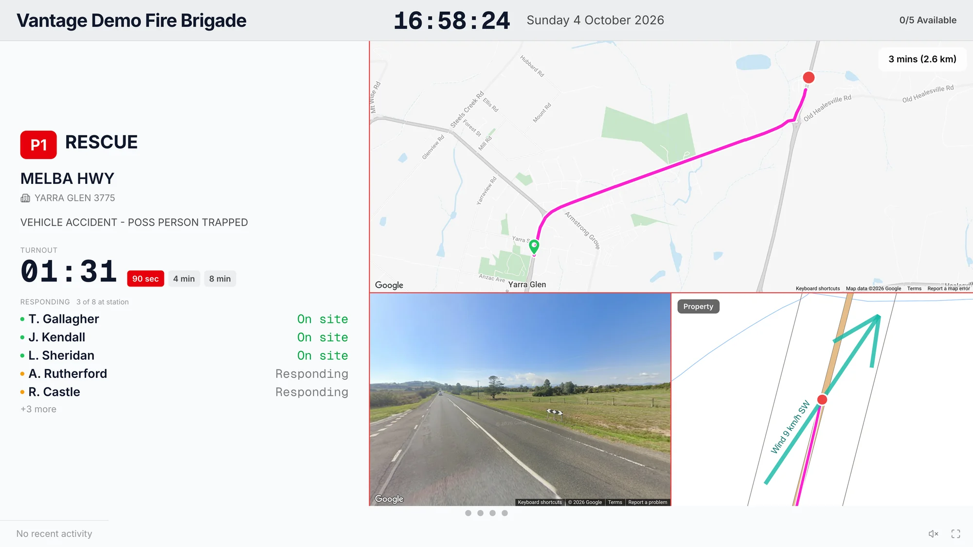 The bay display on a priority one rescue: the turnout clock, who is responding and who is at the station, the route, a street view and the wind