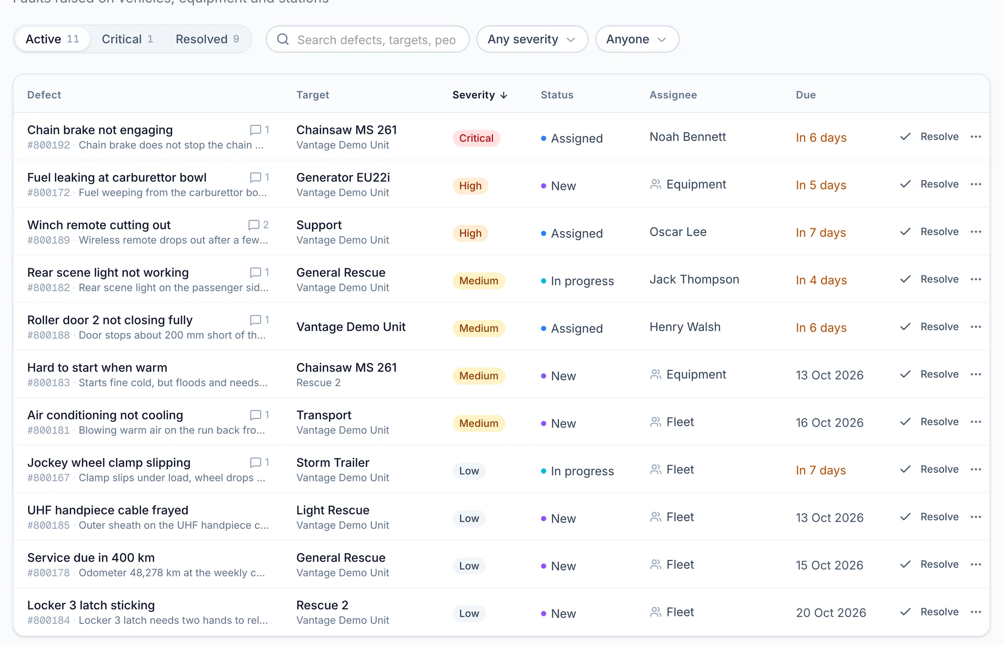 The defects list with severity, status, assignee and due date for each defect