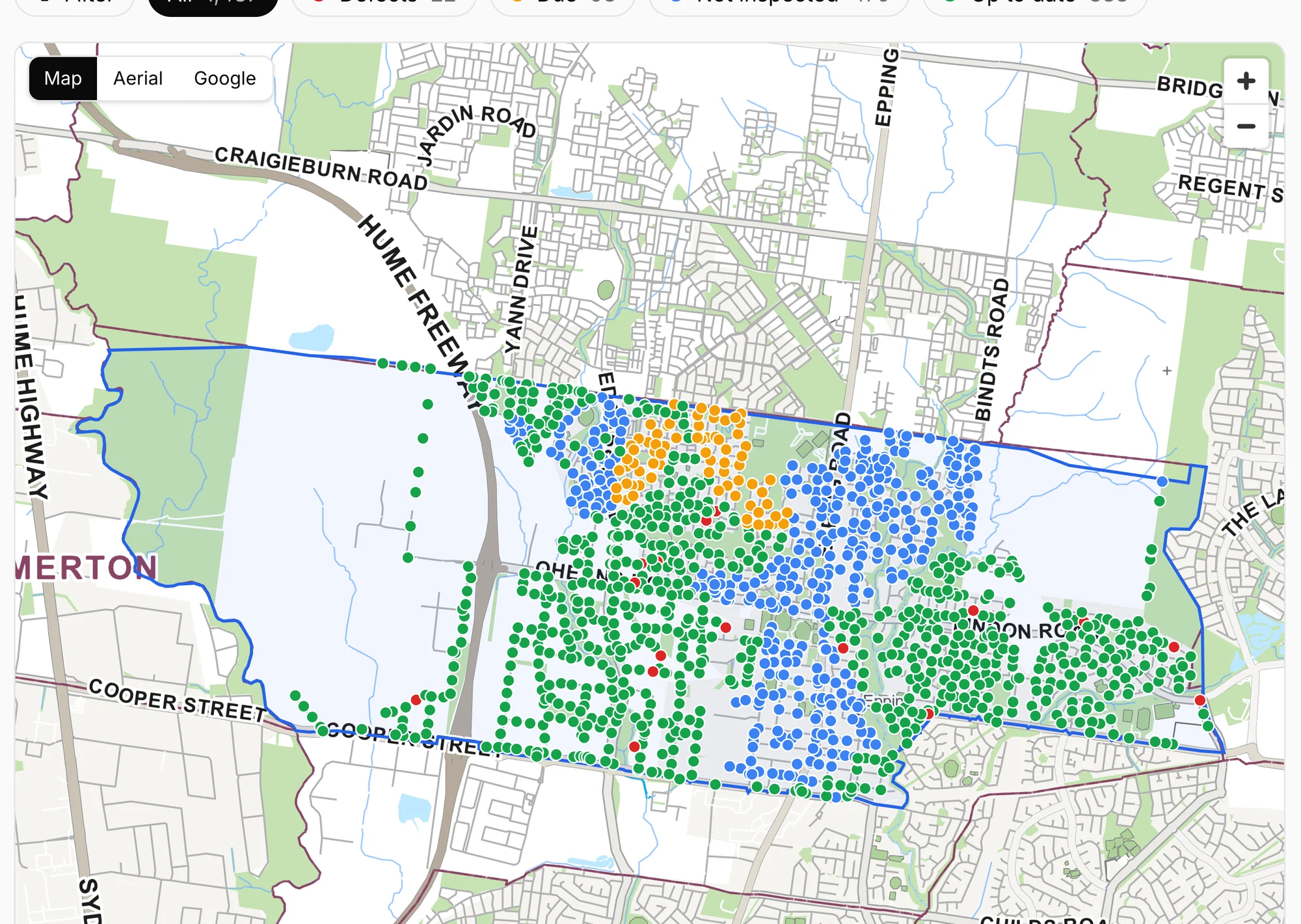 A response area on the map with its hydrants coloured by inspection status