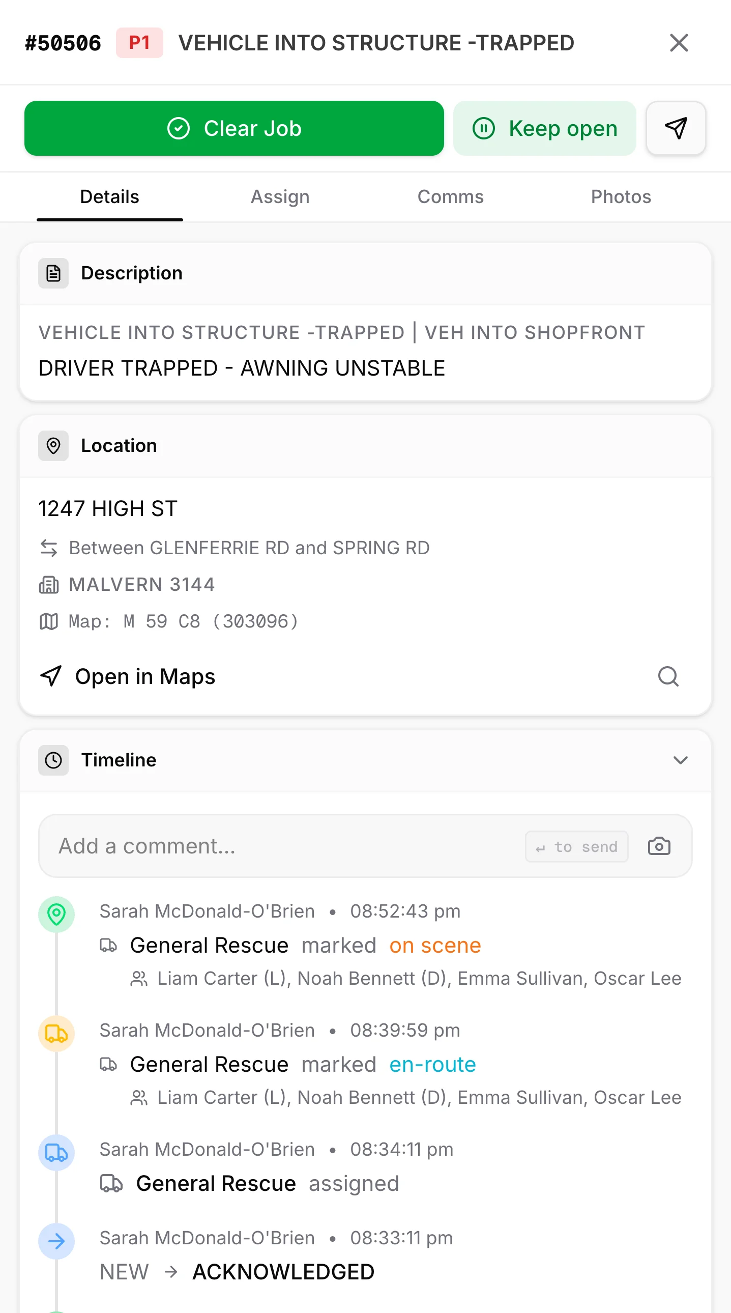 An incident panel showing its description, location and timeline