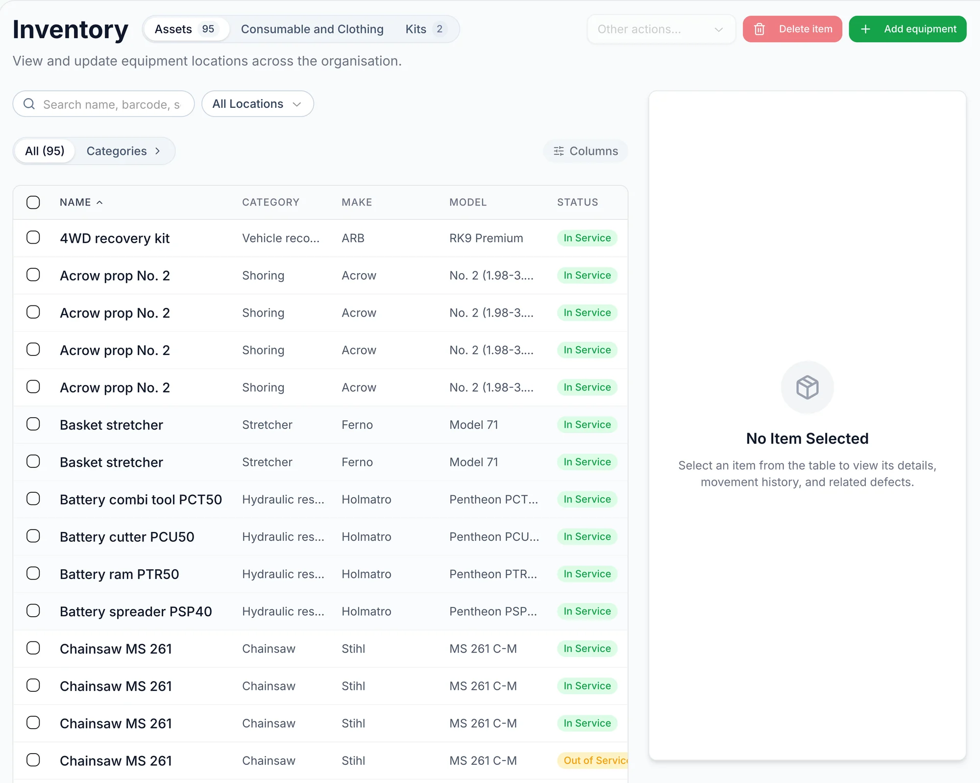 The inventory list with category, make, model and status for each asset