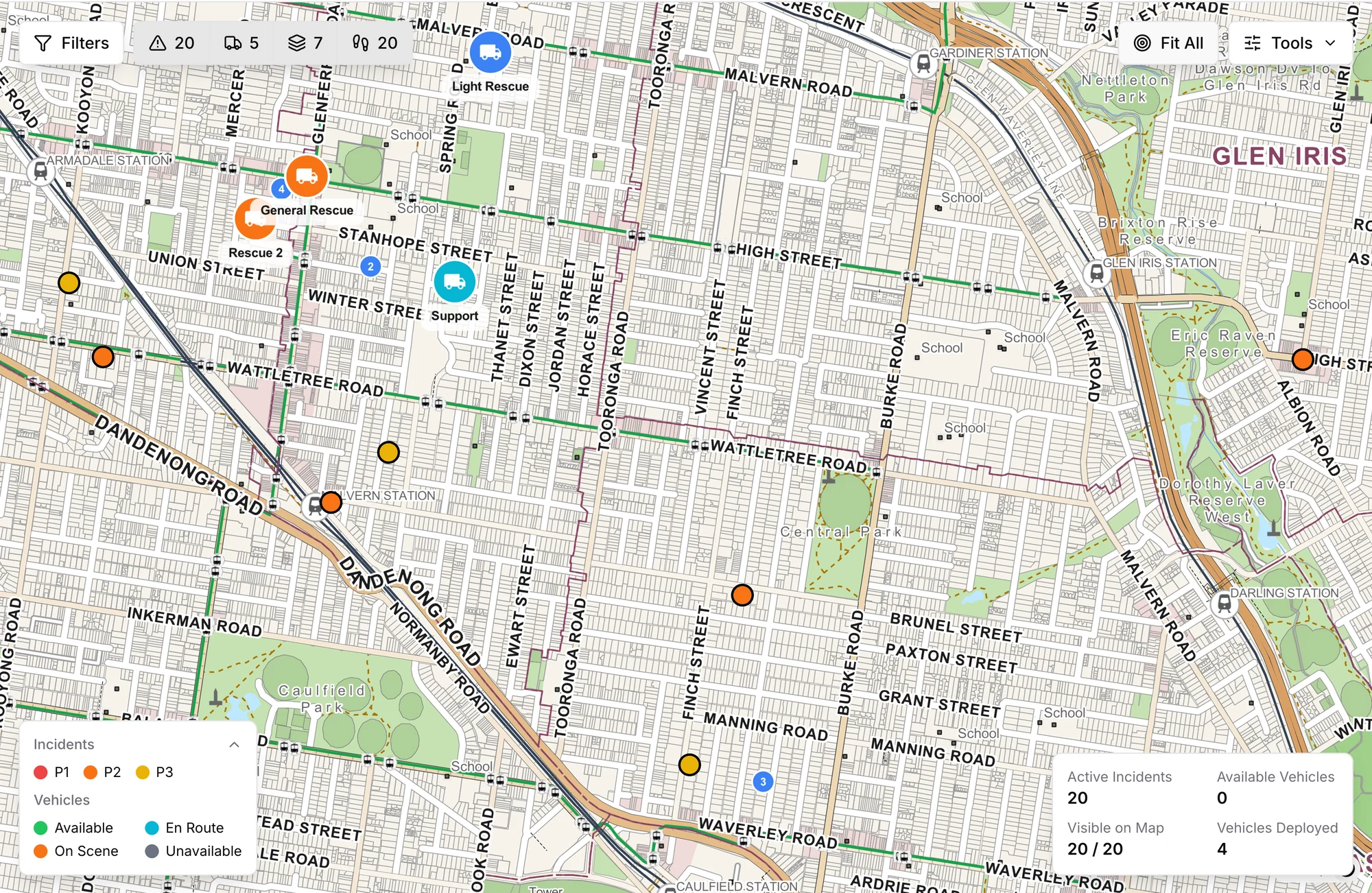 The operations map with vehicles and incidents across a suburb