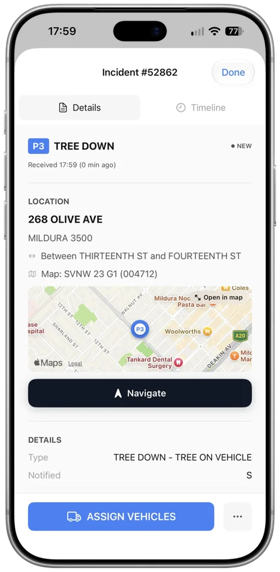The same incident sheet in Vantage MDT on an iPhone