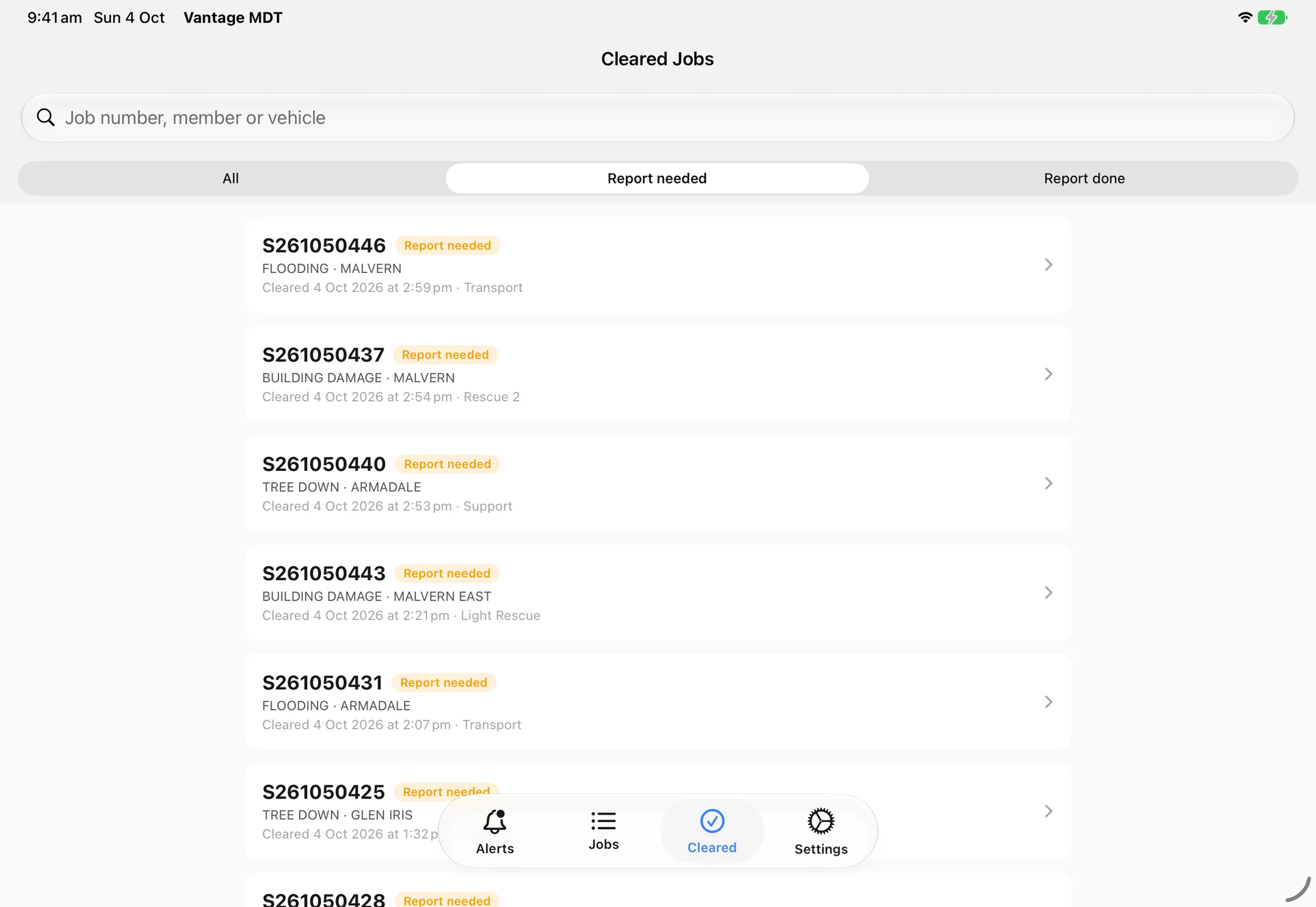 The cleared incidents list on an iPad showing which need a report