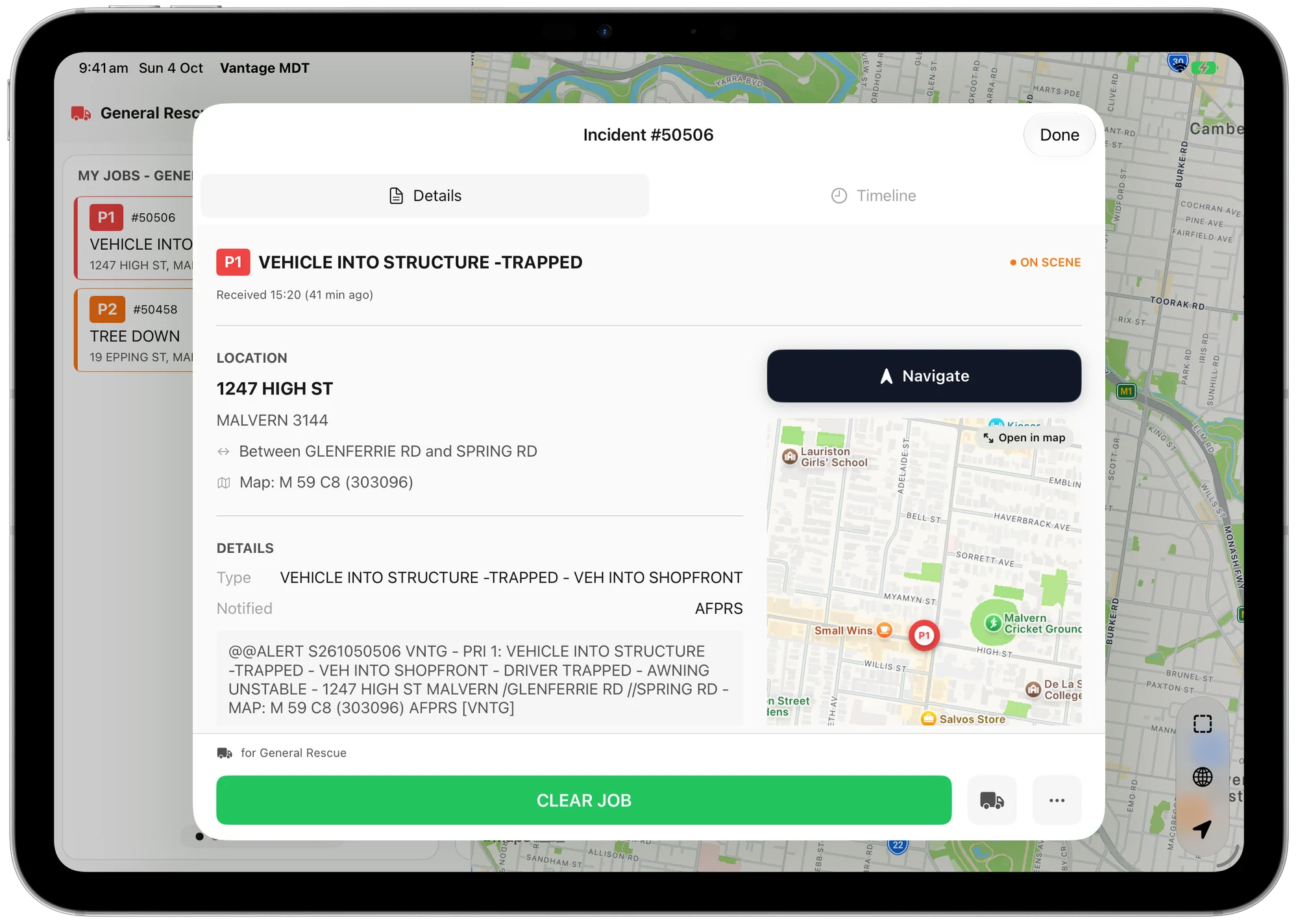 An incident open in Vantage MDT on an iPad, with its address, a map and a navigate button