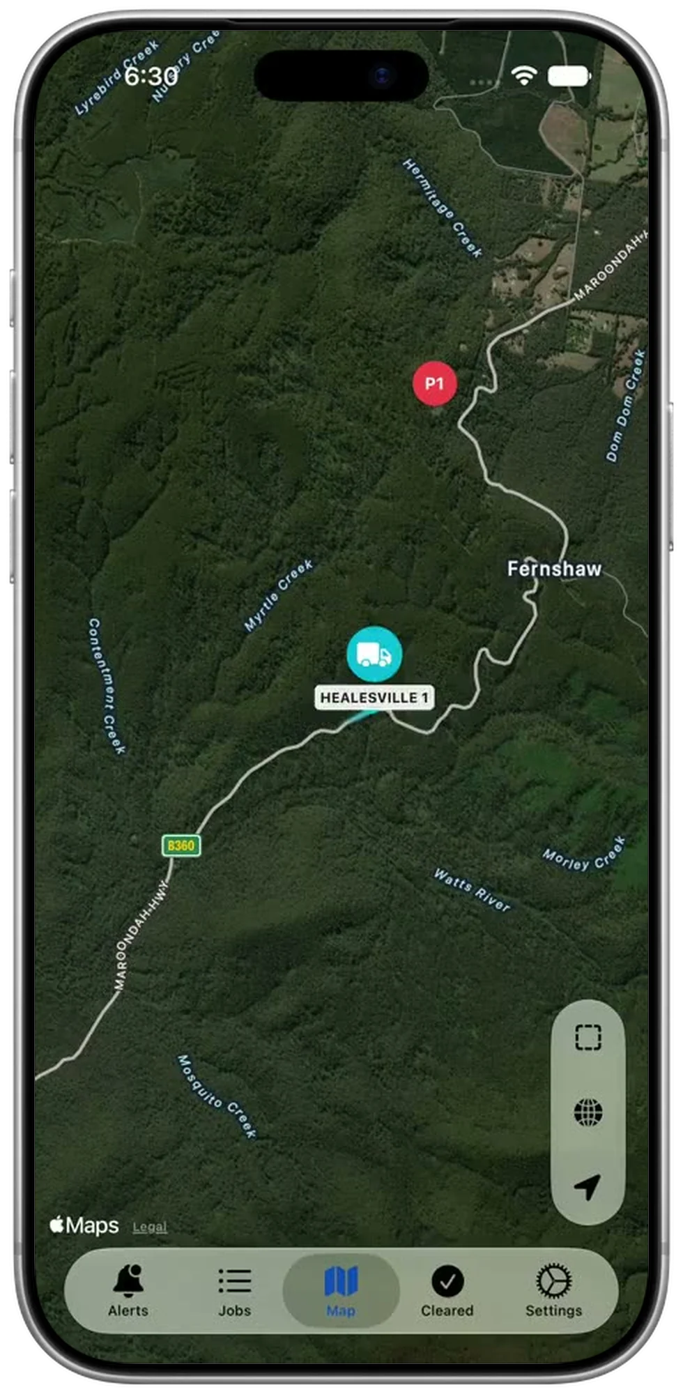 The map tab of Vantage MDT on a phone