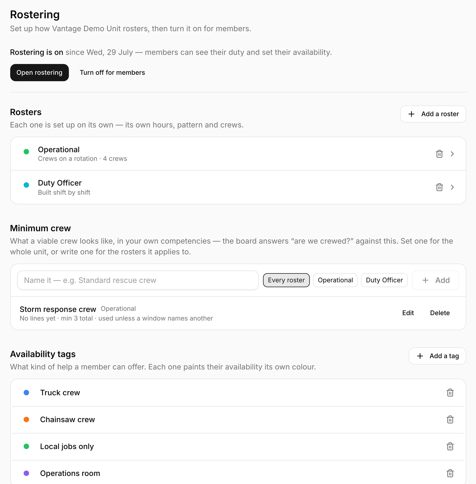 Roster setup with rosters, minimum crew and availability tags