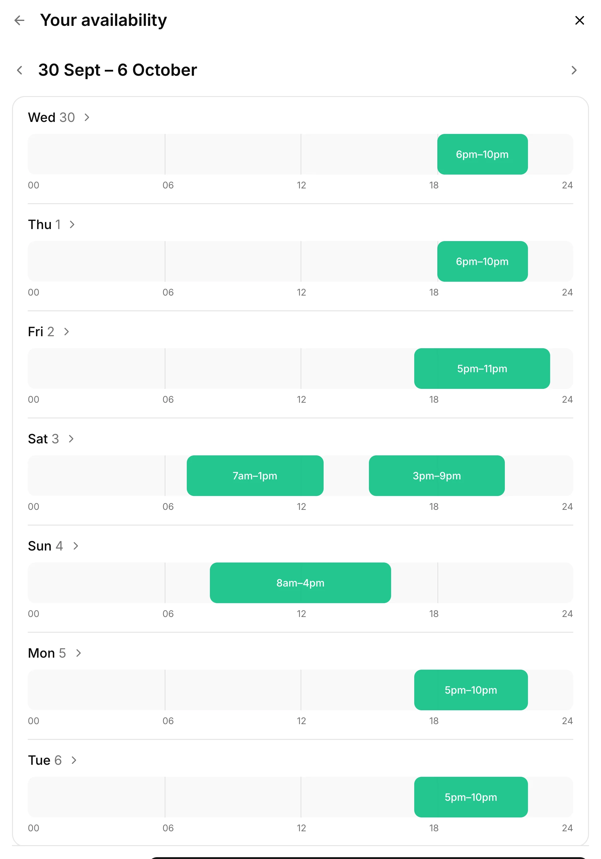 A week of availability with green blocks painted on each day, including two blocks on Saturday